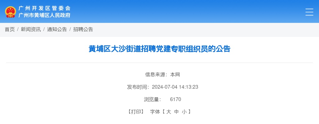 2024年广州市黄埔区大沙街道招聘党建专职组织员1人的公告 图片